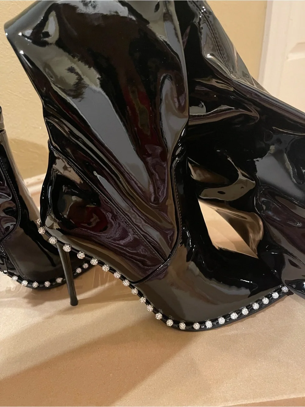 Steve Madden Vyva Black Patent Pearl-Trim Stiletto Thigh-High Boots